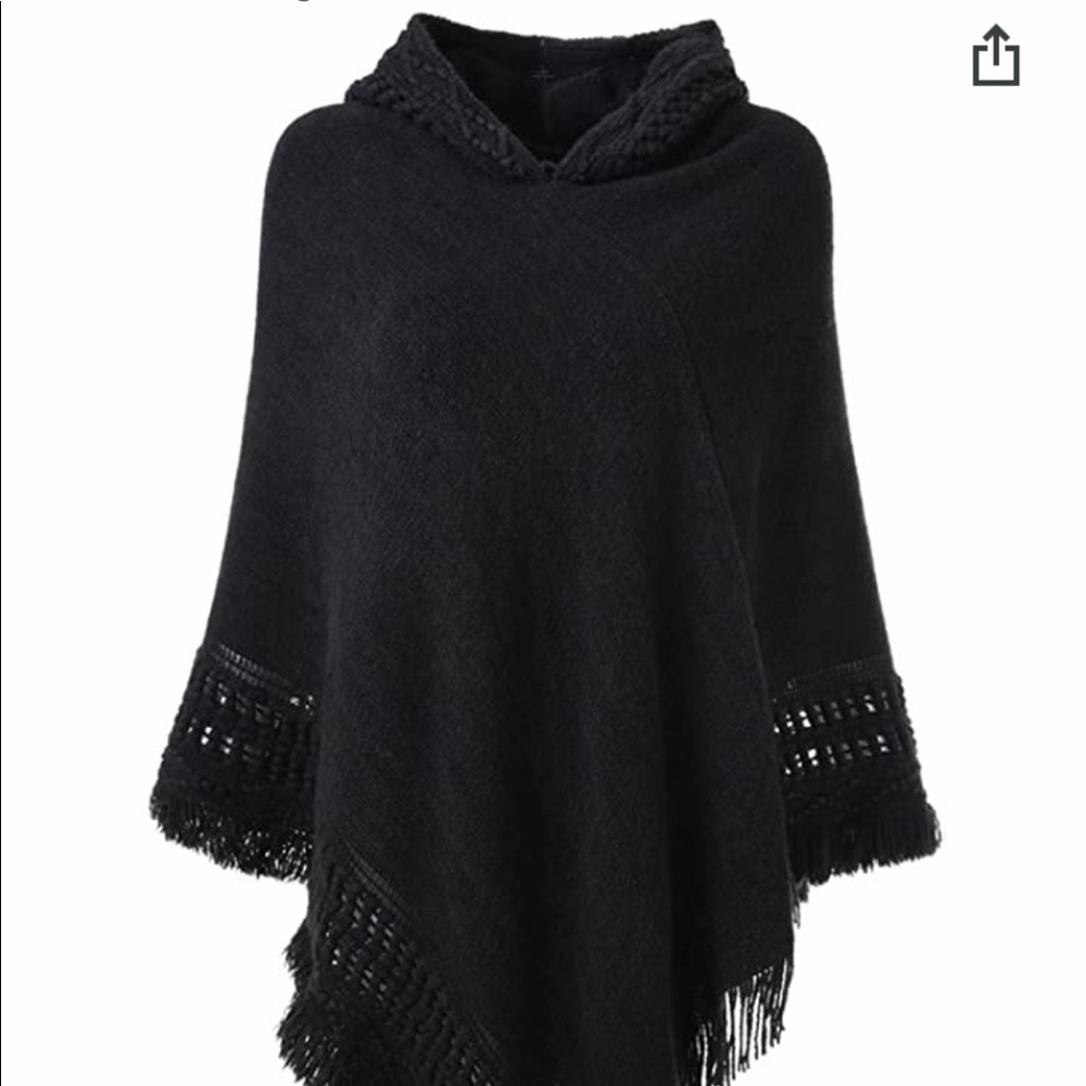 Knit Hooded Black Poncho Cape With Fringe Detail